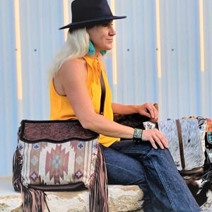 Mercury Crossbody Bag Leather Fringe Upcycled Rug Saddle Blanket Purse